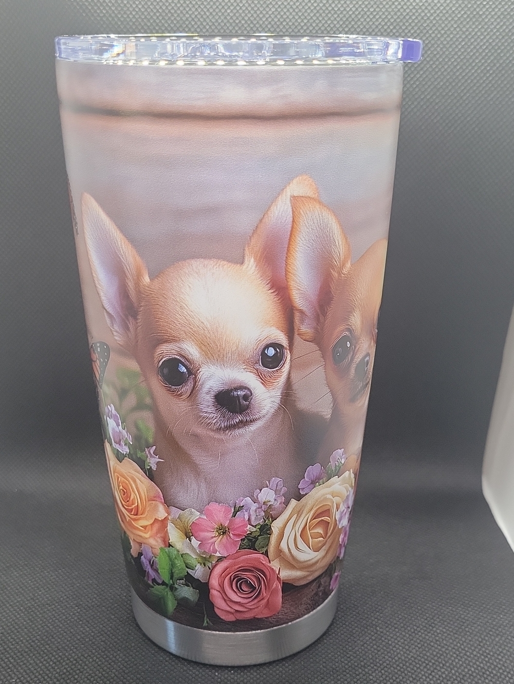 Chihuahua Floral Travel Tumbler - Tan